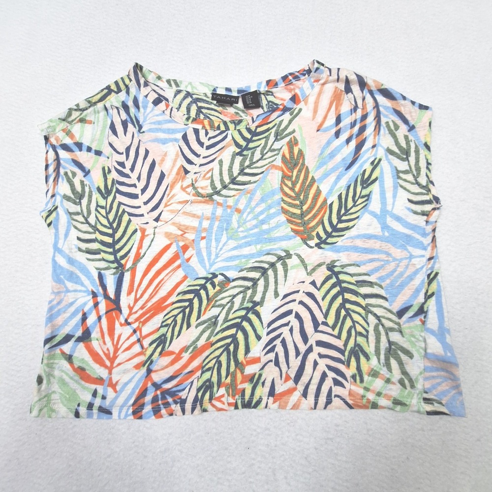 Tahari Knit Top Womens Medium Blue Green 100% Linen Tropical Botanical Print